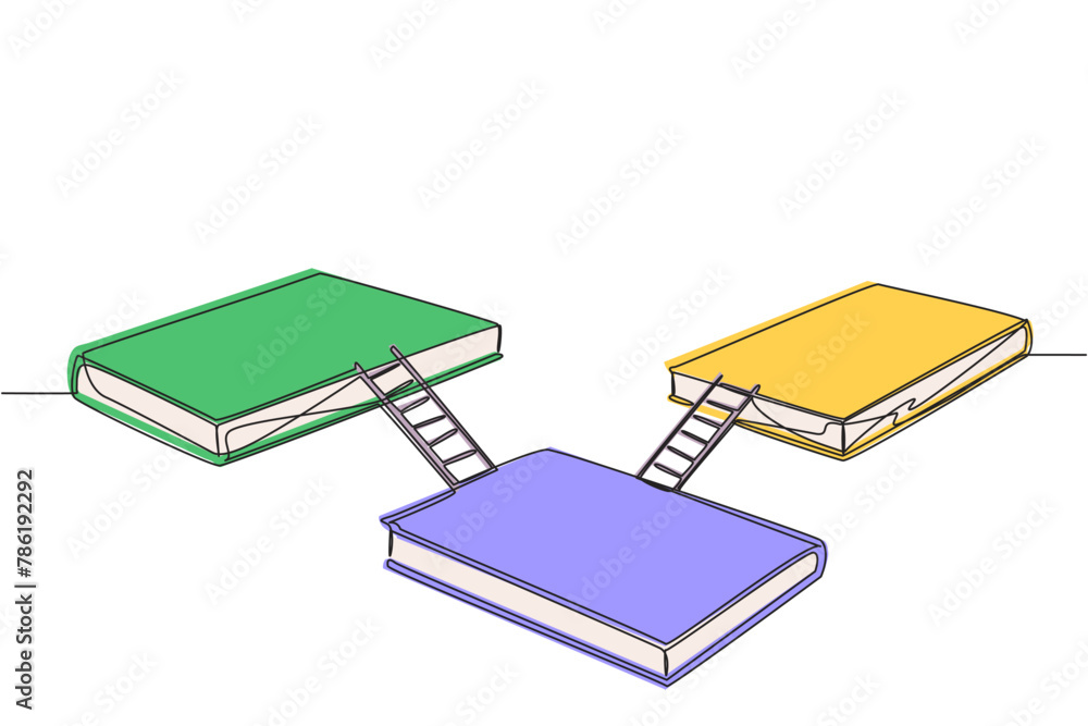 Single continuous line drawing three large books connected by stairs. Expo exhibition stage. Booth for exhibiting books. Book festival at outer space. Galaxy stage. One line design vector illustration Single continuous line drawing three large books connected by stairs. Expo exhibition stage. Booth for exhibiting books. Book festival at outer space. Galaxy stage. One line design vector illustration