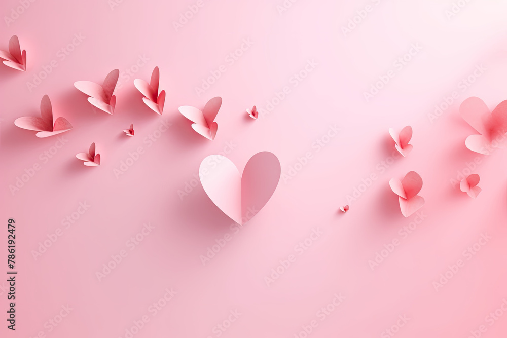 Romantic Paper Heart Elements Soaring on Pink Background