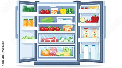 Open door refrigerator full of vegetables fruits meat