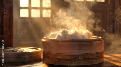 A 3D animated scene capturing the steam rising from a freshly opened bamboo steamer photo