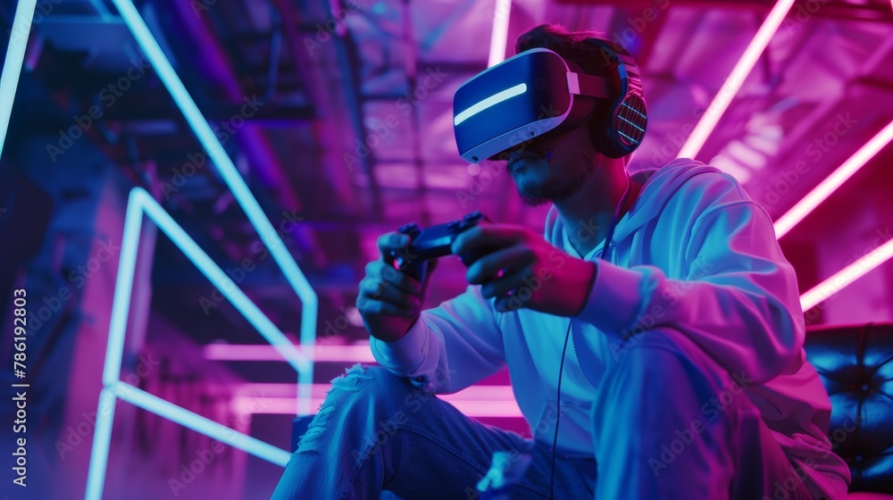 Realistic 3D visualization of a gaming influencer in a high-tech LED-lit room Realistic 3D visualization of a gaming influencer in a high-tech LED-lit room