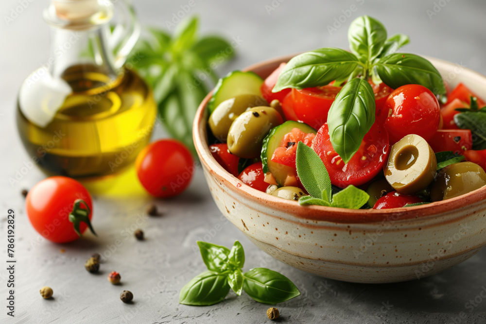 Fresh Mediterranean salad with ripe cherry tomatoes, olives, and basil in a ceramic bowl. Fresh Mediterranean salad with ripe cherry tomatoes, olives, and basil in a ceramic bowl.