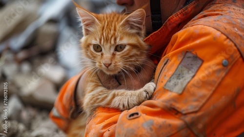 Young ginger cat held by a person in an orange rescue suit amid debris photo