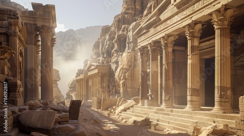 A view of the Al-Khazneh temple in Petra, Jordan, bathed in sunlight amidst sandy desert rocks.