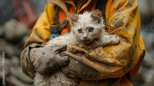 Dirty white cat held by a rescuer in a soiled yellow uniform