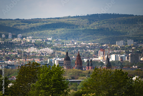 Blick von der Laubenheimer Höhe auf den Mainzer Dom, die Kuppel der Christuskirche und Stankt Peter. 
