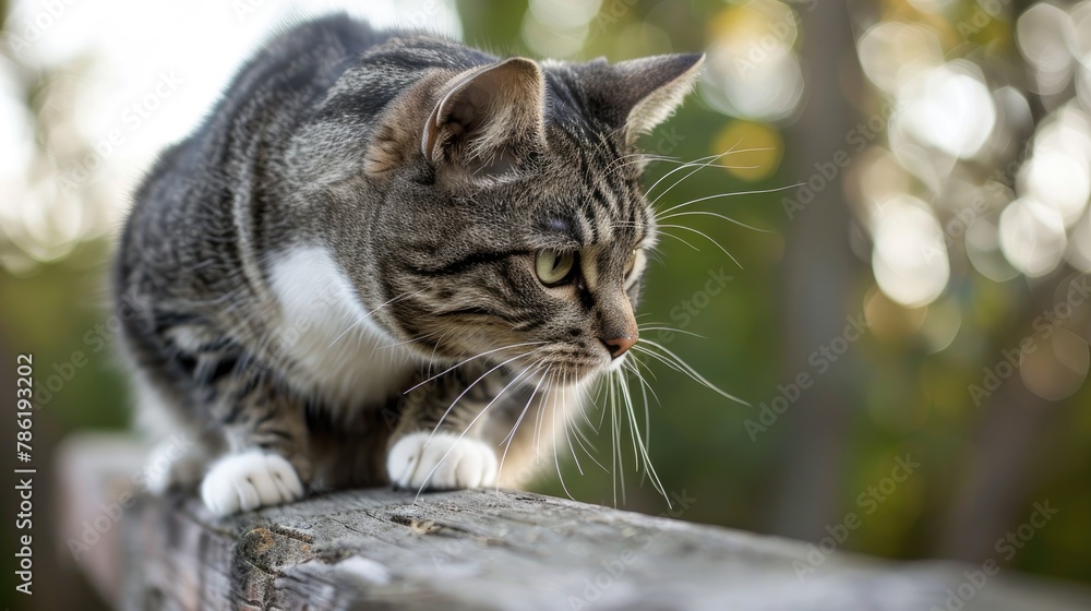 A gray tabby cat with white markings sitting on a wooden beam and looking down with perked ears A gray tabby cat with white markings sitting on a wooden beam and looking down with perked ears