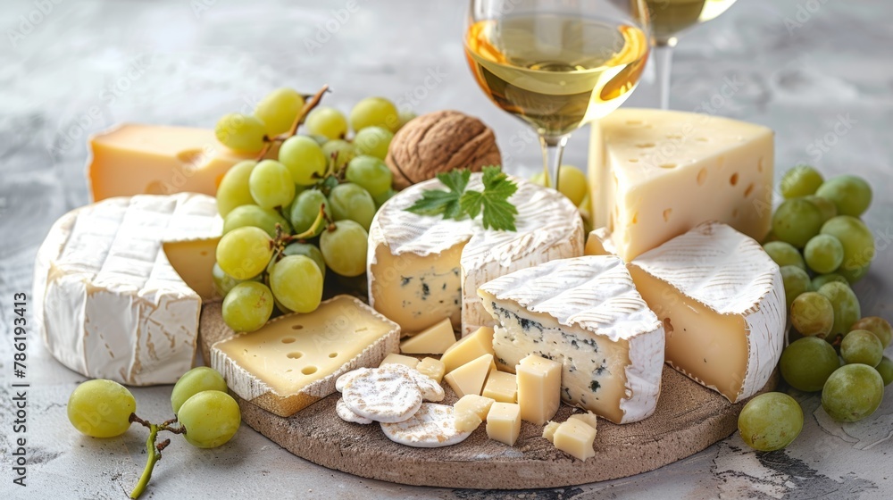 Variety of cheeses with grapes and a glass of white wine on a cork board Variety of cheeses with grapes and a glass of white wine on a cork board