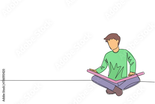 Continuous one line drawing man sit down and put reading book on feet. Interesting to read the complete geographic map. Eliminate curiosity. Book festival. Single line draw design vector illustration