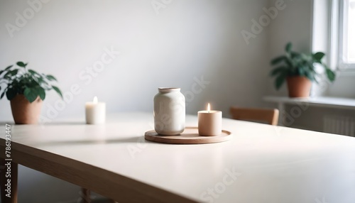Clean Aesthetic Scandinavian style table with decorations. Zen. Spiritual   © Gia