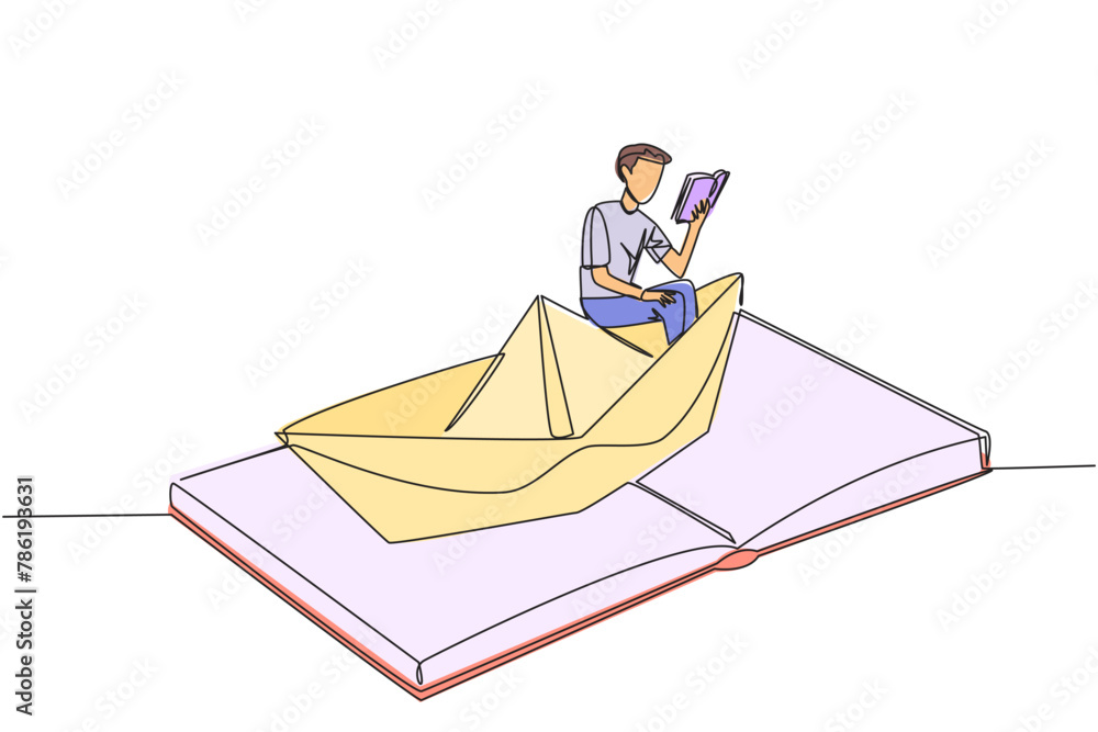 Continuous one line drawing man reading a book on a paper boat. Maintain the good habits. The metaphor of reading can explore oceans. Book festival concept. Single line draw design vector illustration Continuous one line drawing man reading a book on a paper boat. Maintain the good habits. The metaphor of reading can explore oceans. Book festival concept. Single line draw design vector illustration