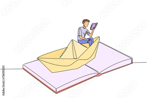 Continuous one line drawing man reading a book on a paper boat. Maintain the good habits. The metaphor of reading can explore oceans. Book festival concept. Single line draw design vector illustration