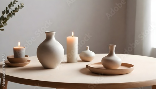 Clean Aesthetic Scandinavian style table with decorations. Zen. Spiritual 