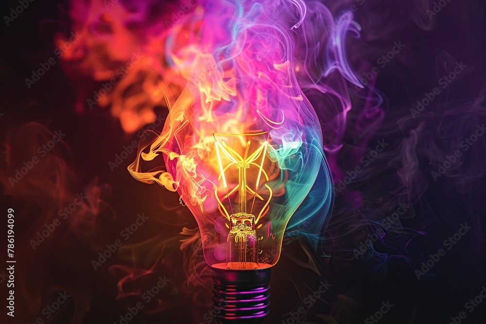 Light bulb with colorful smoke, black background, vibrant colors. Burning lamp in a dark. Glowing effect. Concept of idea, innovation, business creativity. Advertising poster template. Art wallpaper - obrazy, fototapety, plakaty 