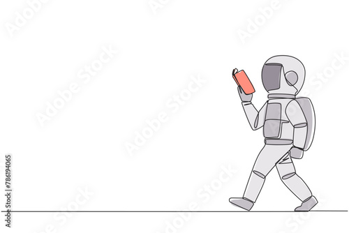 Continuous one line drawing astronaut walking to the left reading book. Gesture of memorizing something from book. Read anywhere. Addicted reading. Book festival. Single line draw vector illustration