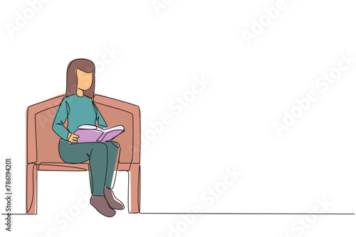 Continuous one line drawing woman sitting and reading on chair in university park. Prepare for the final exams with serious reading. Book festival concept. Single line draw design vector illustration
