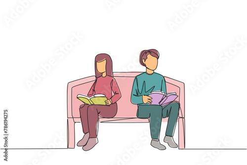 Single continuous line drawing man woman sitting and reading on chair in university park. Prepare for the final exams with serious reading. Book festival concept. One line design vector illustration
