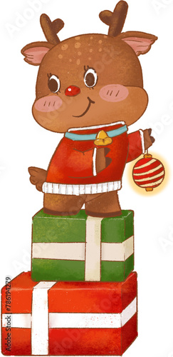 Drawing of a reindeer character with a gift box