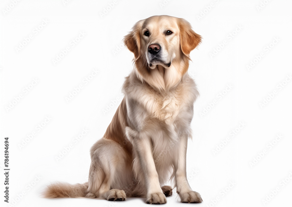 Labrador retriever, 12 months old, sitting in front of white background