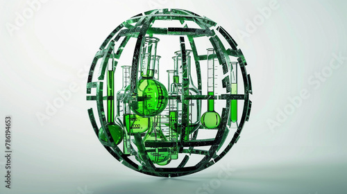 Beaker and flask silhouette sphere in green shades, a visual merge of chemistry and art.