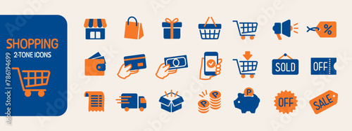 Shopping and payment two-tone icon set