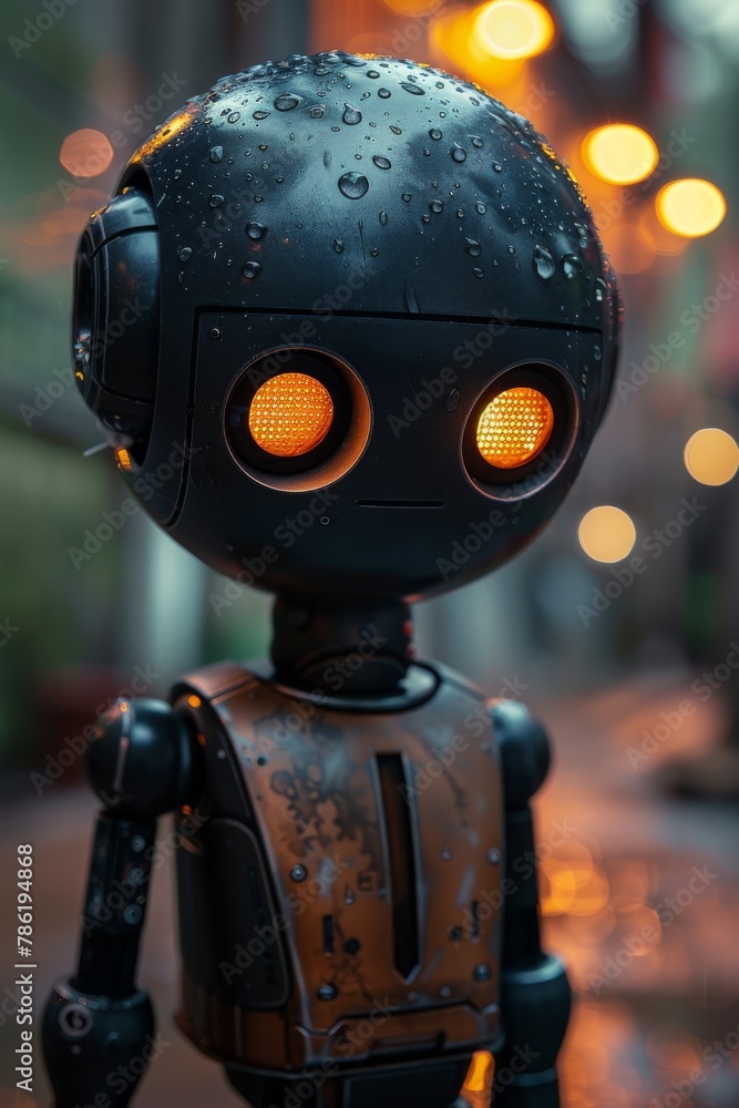 Close-up of an old robot with glowing eyes Close-up of an old robot with glowing eyes