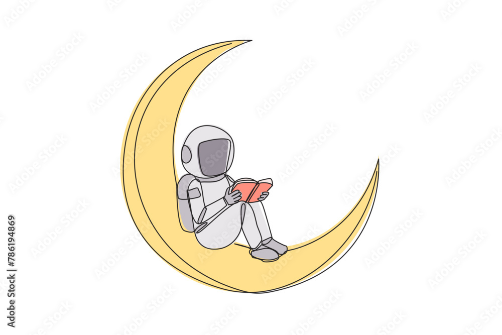Single one line drawing astronaut sitting on crescent moon reading book. Reading story before bed. Passionate about reading in any condition. Book festival. Continuous line design graphic illustration Single one line drawing astronaut sitting on crescent moon reading book. Reading story before bed. Passionate about reading in any condition. Book festival. Continuous line design graphic illustration