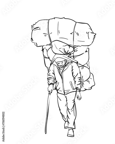 Porter in nepal is carrying extremely big load in traditional way with strap on his forehead, Hand drawn line illustration isolated, Vector sketch