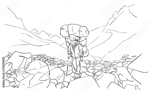 Porter in Nepal carrying an extremely large load on his head in a traditional way in the Himalayas, hand drawn illustration, vector sketch, Hard working mountain people