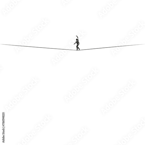 Tightrope walking, Hand drawn vector illustration, Rough sketch of man silhouette balancing while walking along a tensioned wire between two points at a great height photo