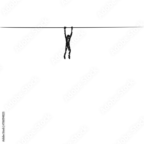 Silhouette of a man hanging on a rope, grabs it with both hands, Rope stretched at a great height, Hand drawn illustration, Vector sketch