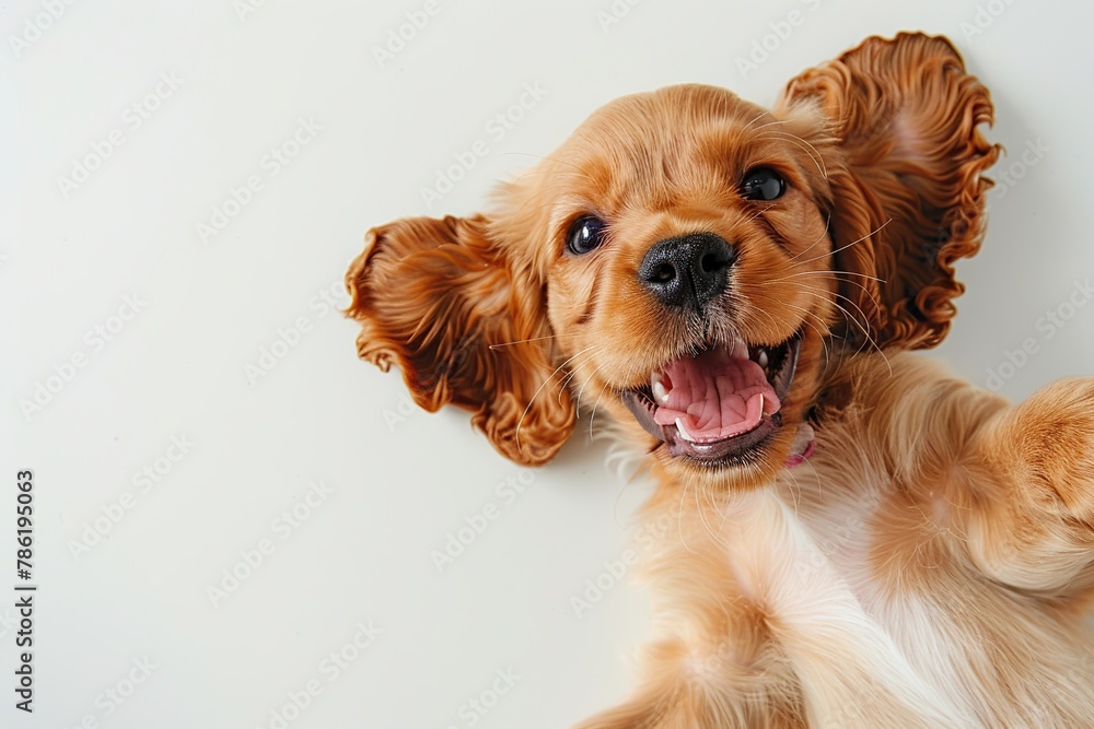 Cute playful small dog cocker spaniel sitting looking up with funny face on white studio background. Portrait of happy puppy having fun with its tongue out. Beautiful cute pup playing close up. Banner Cute playful small dog cocker spaniel sitting looking up with funny face on white studio background. Portrait of happy puppy having fun with its tongue out. Beautiful cute pup playing close up. Banner