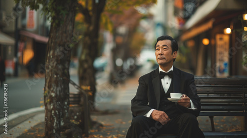 old japan man wear tuxedo sitting on the park and drink coffee photo