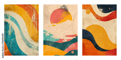 Set of hand drawn abstract summer landscape backgrounds. Retro vector elements for poster, flyer, cards, web.