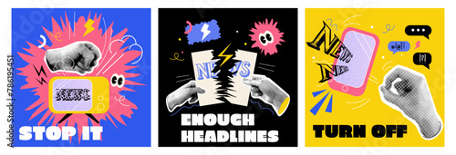 Set of collage elements with mass media elements and halftone effect hands. Modern illustration Bad news concept. Retro banner with cut out paper elements. Vector
