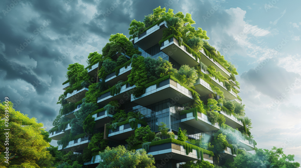 Futuristic green office building, integrating trees and eco-friendly materials, symbolizing urban sustainability. Sustainable green building. Eco-friendly building. Green architecture