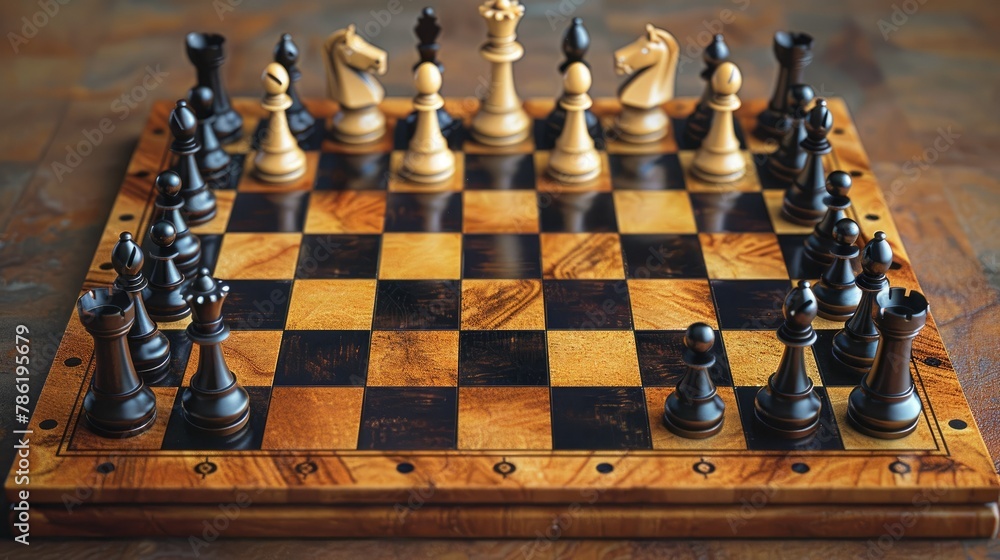 Chess pieces arranged strategically on a board, symbolizing business strategy Chess pieces arranged strategically on a board, symbolizing business strategy