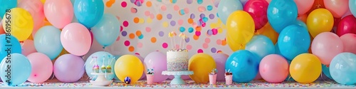A birthday party table decorated with balloons, confetti, and party favors. 
