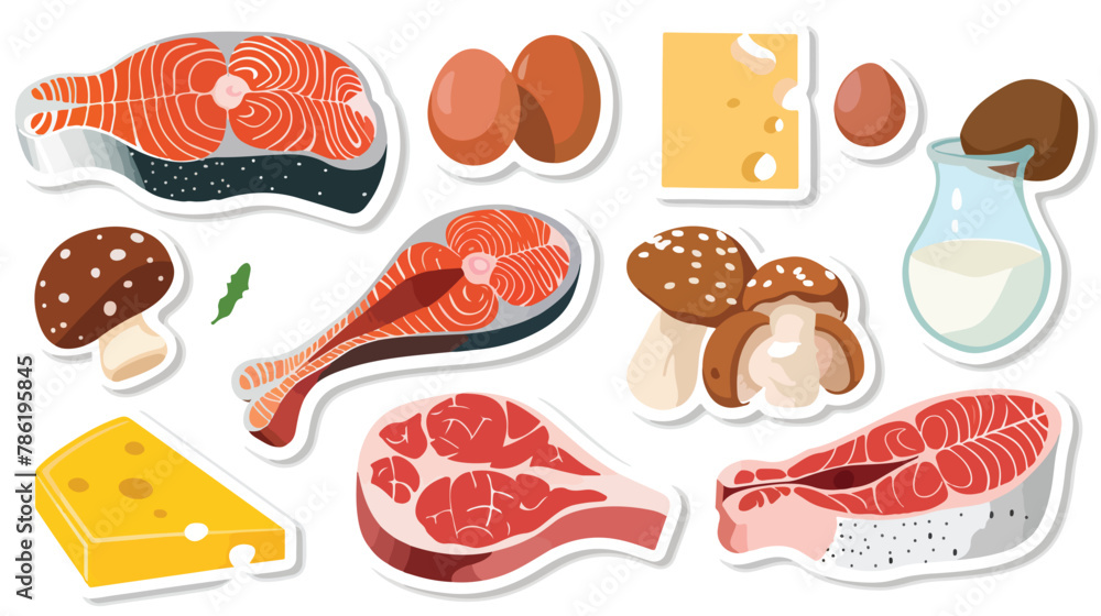 Protein source food group set sticker. Fish cheese 