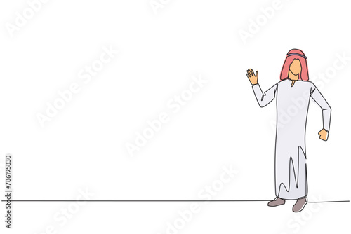 Continuous one line drawing arabian man standing giving a gesture. Invitation to attend the book festival. Exhibition of several types of books. Happy read. Single line draw design vector illustration