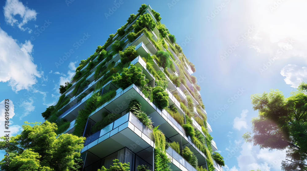 Sustainable finance building with green technology and low carbon footprint. Sustainable green building. Eco-friendly building. Green architecture