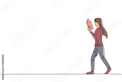 Single continuous line drawing woman walking while reading book. The gesture of memorizing something from a book. Read anywhere. Addicted to reading. Book festival. One line design vector illustration