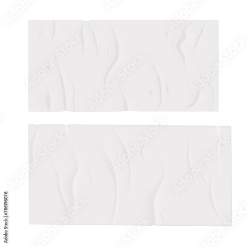 Glued sticky set white skotch tape paper stripe. Crumped surface label, mockup sticker. Rectangle piece, wrapped page on transparent background.