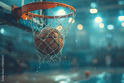 A close shot of a basket ball into net with background light a night view and space for text or sports product backdrop, Generative AI.