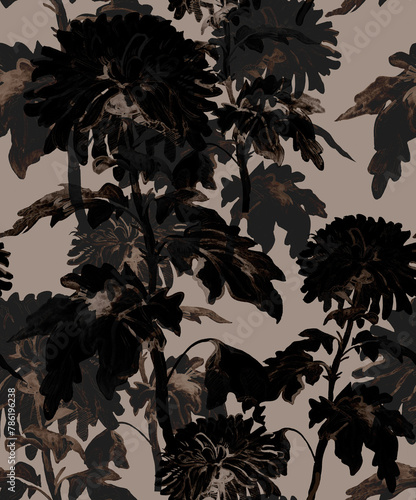 Classical flowers and stems monochrome seamless pattern in dark brown tones on light background. Wallpaper, bedding, textile, apparel fabric, poster, home decor, package.