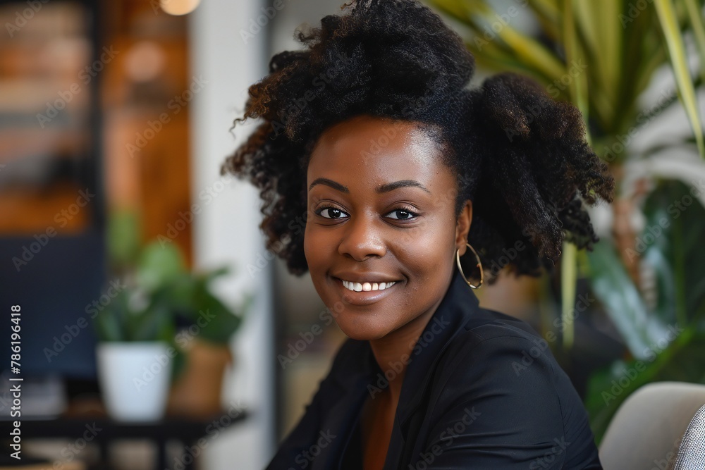 Portrait of happy black female entrepreneur in office looking at camera Portrait of happy black female entrepreneur in office looking at camera