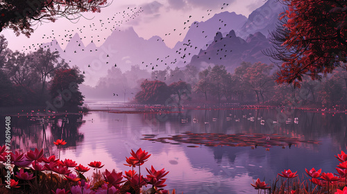 Mystical Waters: Dusk Scene with Lotus Flowers and Foggy Peaks