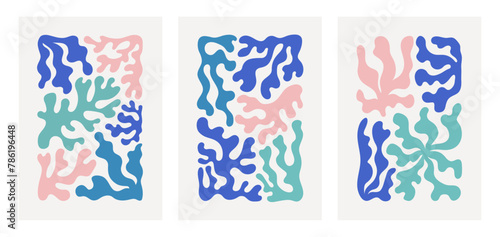 Abstract art posters. Modern trendy Matisse minimal style. Vintage nature graphic. Contemporary art backgrounds with sea coral. Hand drawn design for wallpaper, wall decor, print, cover, banner.