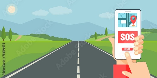 Strada dritta vuota attraverso la campagna. Verdi colline, cielo blu, prato e montagne. con galleria SOS start - illustrazioni