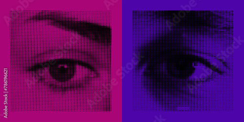 Set of woman and man eyes. Black dots on vibrant purple and pink background, Vector abstract graphic pattern. Human eyeball illustration. Collage acid element.